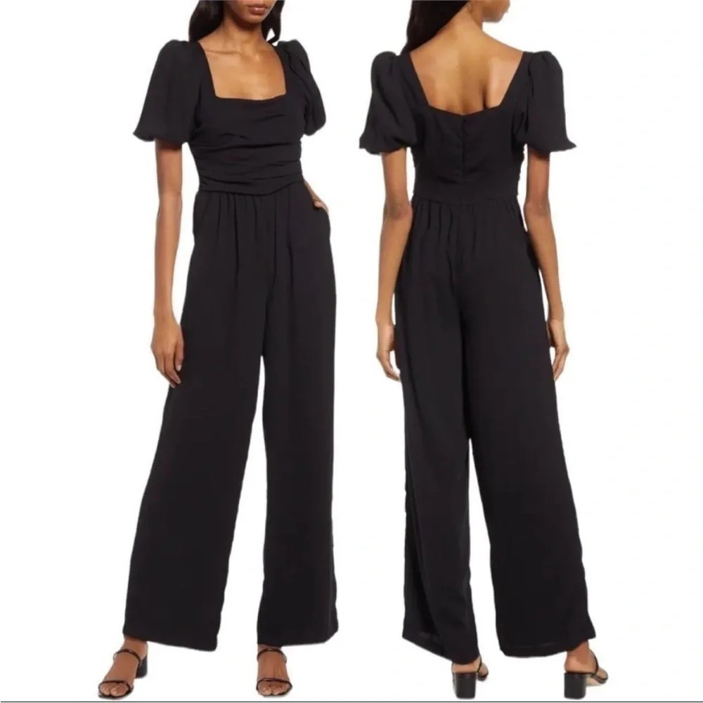 Nordstrom Chelsea28 Puff Sleeve Square Neckline Wide Leg Chic Jumpsuit Romper